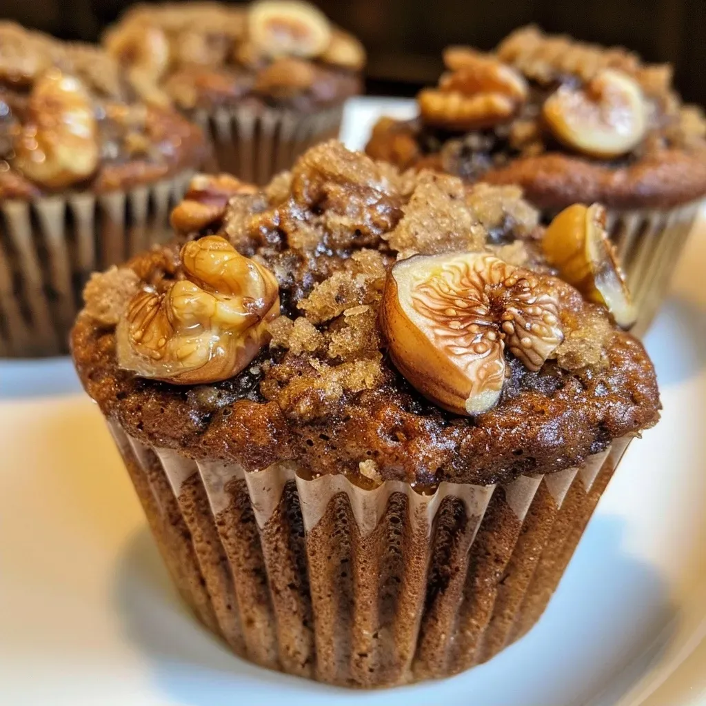 Close-up of spiced walnut fig muffins, showcasing their golden-brown tops and textured surface.