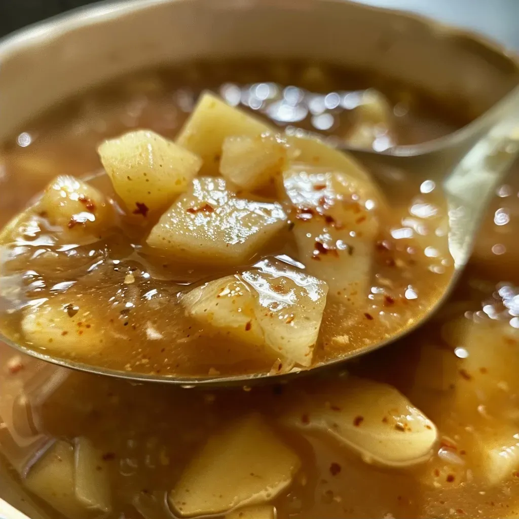 ['Close-up view of a bowl of Spicy Apple Soup with visible chunks of apples and spices.', 'Side angle shot of a warm bowl of Spicy Apple Soup topped with a sprinkle of chili flakes.', 'Vibrant Spicy Apple Soup in a bowl, highlighting the texture and ingredients like apple pieces and herbs.', 'Appetizing close-up of a hearty Spicy Apple Soup, showcasing its smooth consistency and colorful seasonings.']