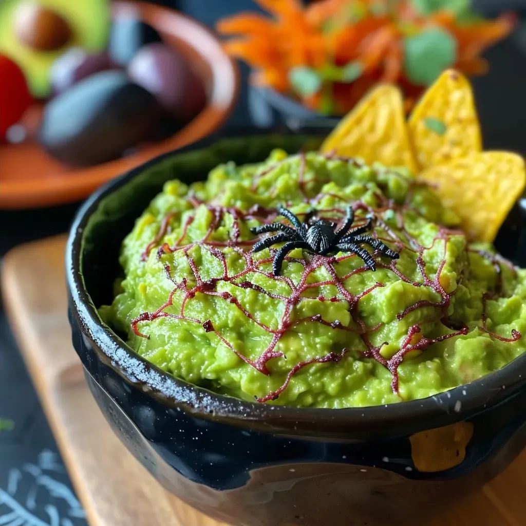 ['Close-up view of guacamole with a decorative spider web made of sour cream and olives.', 'Juicy guacamole with a spooky spider web design created using sour cream and olive pieces.', 'Side view of a creamy guacamole bowl decorated with a spider web pattern from sour cream and olives.', 'A vibrant serving of guacamole featuring a spooky web design made of sour cream and olives.']
