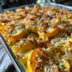 ['Close-up view of a golden, cheesy squash casserole topped with stuffing.', 'Side angle of a baked squash casserole with a crispy stuffing layer.', 'Juicy zucchini and squash mixed in a creamy casserole with melted cheese.', 'Deliciously baked squash casserole with a rich, golden crust.']