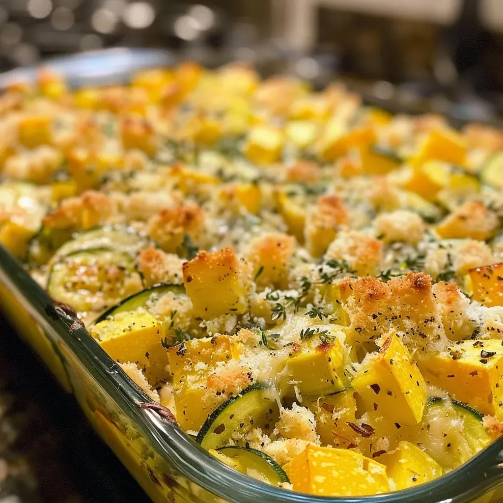 Close-up view of a golden, cheesy squash casserole topped with stuffing.