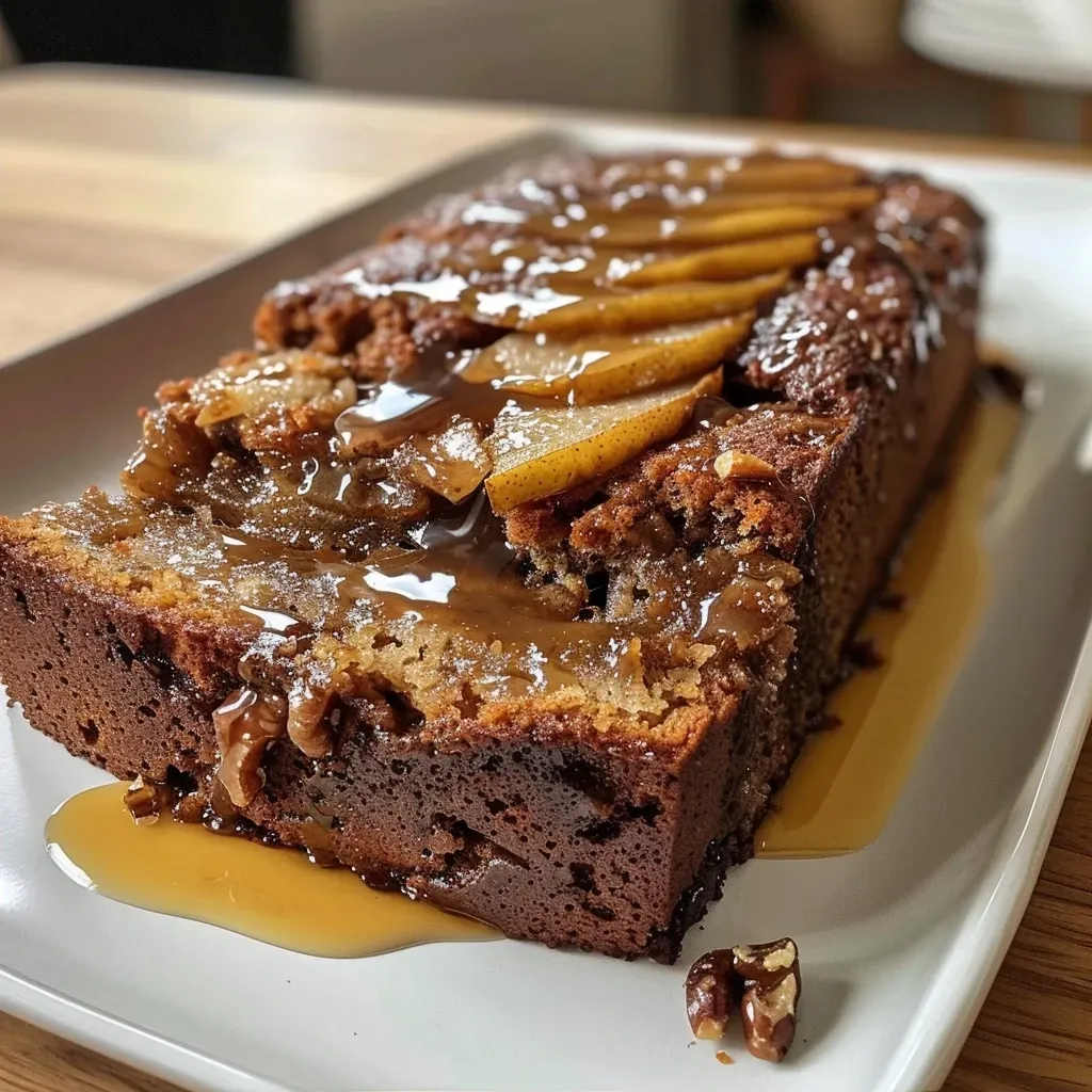 ['Close-up side view of a moist Sticky Pear, Date & Ginger Cake with a glossy glaze.', 'Luscious slice of Sticky Pear, Date & Ginger Cake showing layers of fruit and nuts.', 'Detailed view of a Sticky Pear, Date & Ginger Cake showcasing its rich texture and ingredients.', 'Slice of Sticky Pear, Date & Ginger Cake with visible chunks of pear and dates.']