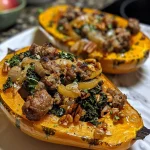 ['Close-up view of a halved butternut squash, filled with colorful stuffing.', 'A side perspective of stuffed butternut squash, showcasing its juicy filling.', 'Detailed view of a baked butternut squash packed with savory ingredients.', 'Image of a stuffed butternut squash, highlighting the mixture of sausage and apples.']
