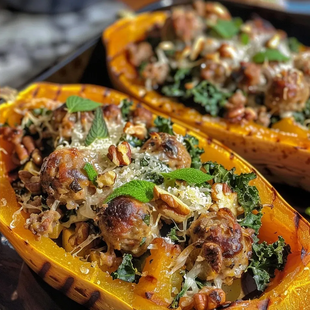 ['Close-up view of a halved butternut squash, filled with colorful stuffing.', 'A side perspective of stuffed butternut squash, showcasing its juicy filling.', 'Detailed view of a baked butternut squash packed with savory ingredients.', 'Image of a stuffed butternut squash, highlighting the mixture of sausage and apples.']