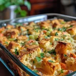 ['Close-up view of golden-brown Stuffing Bread Pudding with melted Gruyère cheese.', 'Side perspective of a delicious serving of Gruyère-stuffed bread pudding, showcasing its creamy texture.', 'Richly colored Stuffing Bread Pudding with visible chunks of vegetables and a cheese topping.', 'Appetizing slice of Stuffing Bread Pudding, highlighting the gooey Gruyère and crispy edges.']