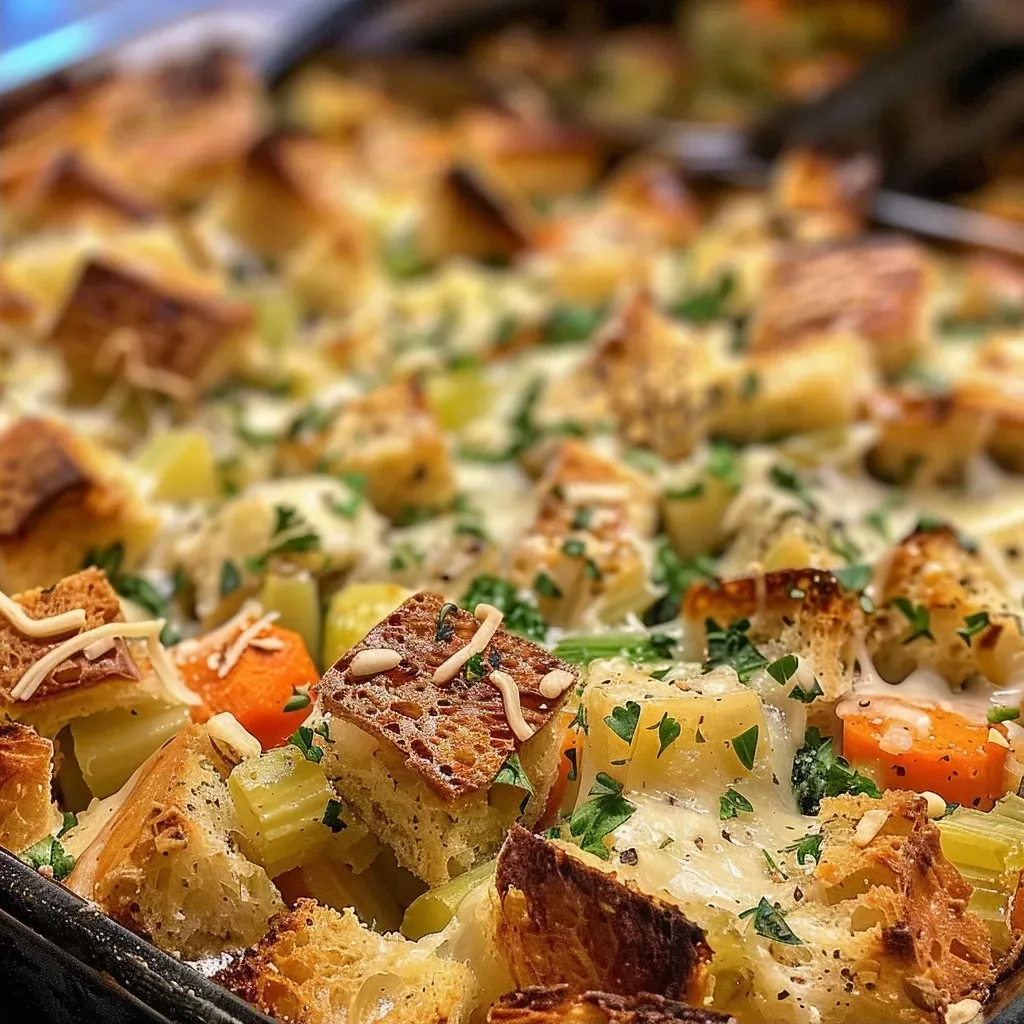 ['Close-up view of golden-brown Stuffing Bread Pudding with melted Gruyère cheese.', 'Side perspective of a delicious serving of Gruyère-stuffed bread pudding, showcasing its creamy texture.', 'Richly colored Stuffing Bread Pudding with visible chunks of vegetables and a cheese topping.', 'Appetizing slice of Stuffing Bread Pudding, highlighting the gooey Gruyère and crispy edges.']