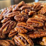['Close-up view of sugar-free cinnamon maple roasted pecans in a bowl.', 'Side angle of glistening roasted pecans seasoned with cinnamon and maple flavor.', 'Deliciously shiny sugar-free pecans coated in cinnamon, displayed on a wooden surface.', 'A tempting assortment of roasted pecans, highlighting their rich cinnamon and maple glaze.']