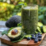['Close-up view of a vibrant green smoothie with visible blueberry pieces and mint leaves.', 'Side view of a thick Summer Harvest Smoothie in a glass, featuring spinach, avocado, and cucumber.', 'Refreshing smoothie made with blueberries and mint leaves, showcasing a rich, creamy texture.', 'A colorful blend of spinach and avocado in a glass, topped with fresh blueberries and mint.']