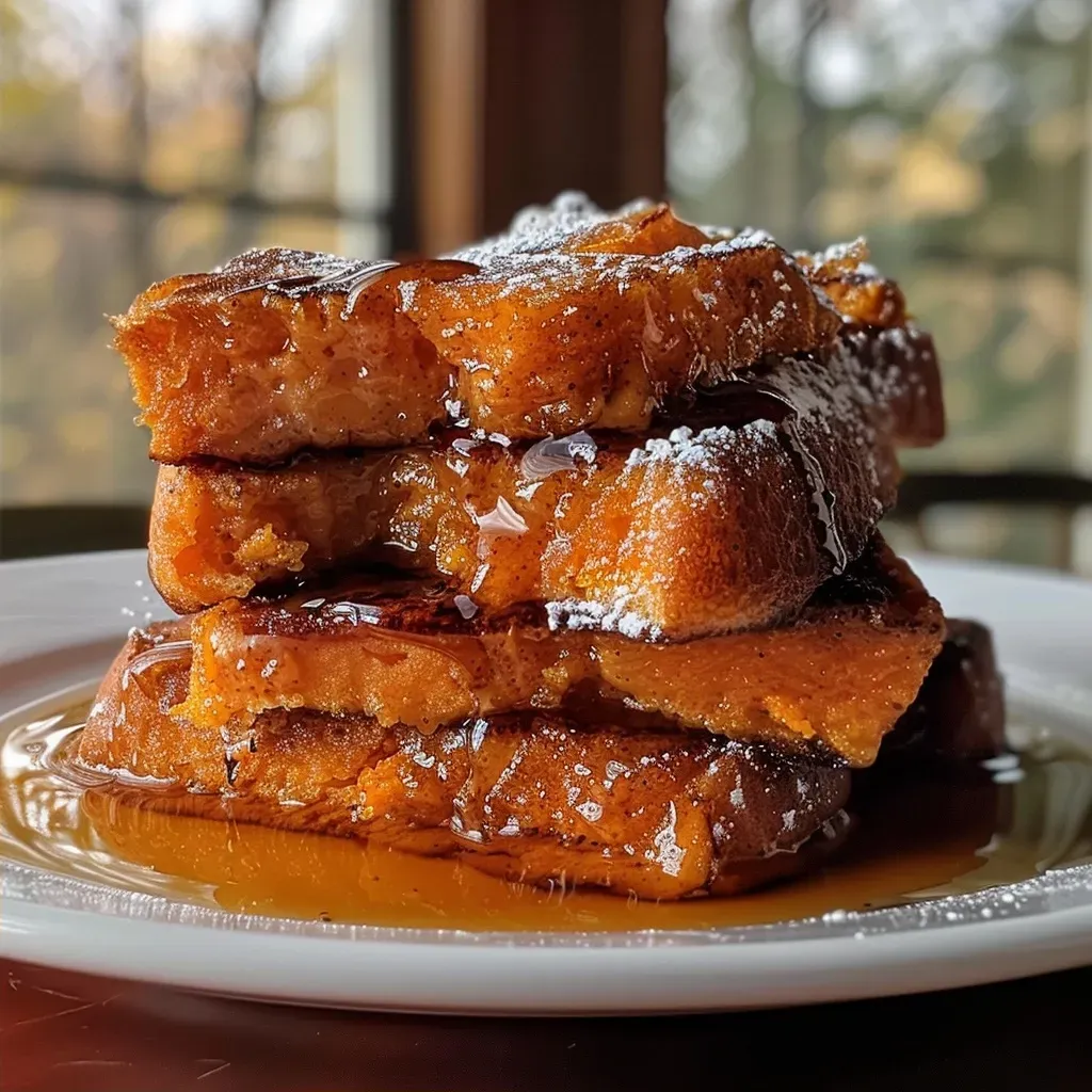 ['A close-up of Sweet Potato French Toast topped with powdered sugar and crème fraiche, showcasing its golden-brown texture.', 'A side view of a plate of Sweet Potato French Toast, highlighting layers of fluffy bread and garnishes.', 'A juicy and colorful serving of Sweet Potato French Toast, featuring sweet toppings and a creamy drizzle.', 'Thick slices of Sweet Potato French Toast on a plate, adorned with maple syrup and spices.']