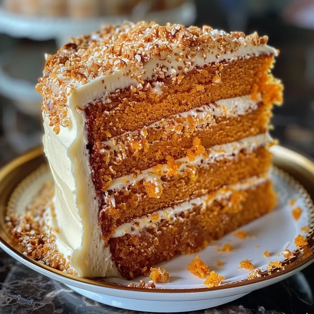 ['A close-up side view of a Sweet Potato Layer Cake showcasing its fluffy layers and vibrant orange color.', 'Side profile of a moist Sweet Potato Layer Cake with cream frosting, displaying multiple layers.', 'Detailed side view of a Sweet Potato Layer Cake, revealing the texture and rich color of the sweet potato filling.', 'A tempting side shot of a Sweet Potato Layer Cake with distinct layers and a creamy finish.']