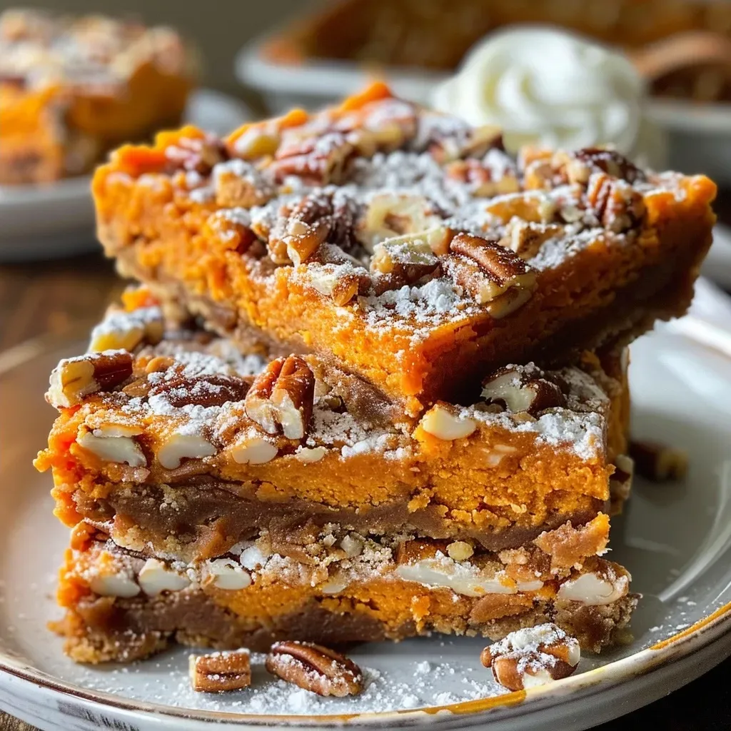 Close-up view of sweet potato pie bars with a golden crust topped with whipped cream and pecans.