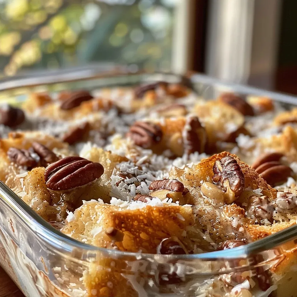 Close-up view of toasted coconut pecan bread pudding with a golden-brown crust.