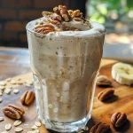 ['Close-up view of a creamy Toasted Oat and Pecan Smoothie in a glass with a few pecans scattered nearby.', 'Side view of a vibrant, thick smoothie made with pecans and oats, topped with grated nutmeg.', 'A smoothie filled with toasted oats and pecans, set on a wooden table with a spoon beside it.', 'Delicious Toasted Oat and Pecan Smoothie in a clear glass, showing its creamy texture and garnished with nuts.']