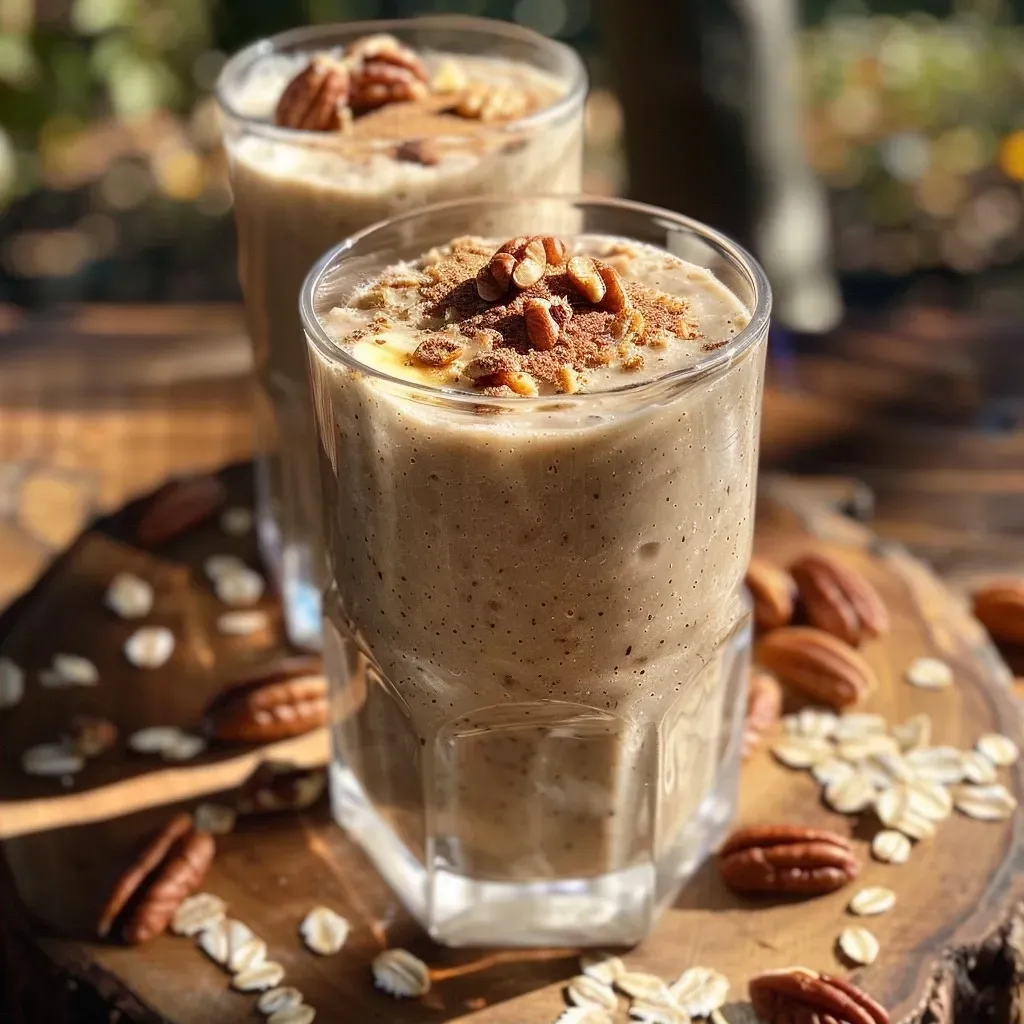 ['Close-up view of a creamy Toasted Oat and Pecan Smoothie in a glass with a few pecans scattered nearby.', 'Side view of a vibrant, thick smoothie made with pecans and oats, topped with grated nutmeg.', 'A smoothie filled with toasted oats and pecans, set on a wooden table with a spoon beside it.', 'Delicious Toasted Oat and Pecan Smoothie in a clear glass, showing its creamy texture and garnished with nuts.']