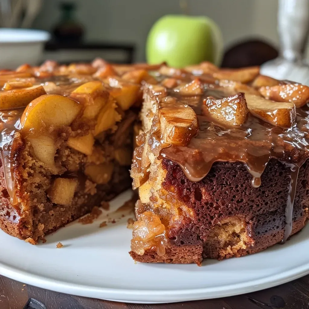 ['Close-up side view of a Toffee Apple Cake, showcasing its moist layers and apple chunks.', 'Side view of a freshly baked Toffee Apple Cake with a glossy toffee glaze and apple pieces visible.', 'Juicy Toffee Apple Cake displayed from the side, highlighting its rich texture and caramel drizzle.', 'Detailed side profile of a Toffee Apple Cake, revealing soft cake layers and chunks of baked apples.']