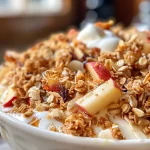 ['Close-up side view of a bowl of Toffee Apple Granola topped with creamy yogurt.', 'Vivid shot of Toffee Apple Granola with oats and apple pieces, served in a white bowl.', 'Detailed view of granola with toffee and apple flavors, presented attractively.', 'Side angle of a delicious Toffee Apple Granola dish with syrup drizzled on top.']