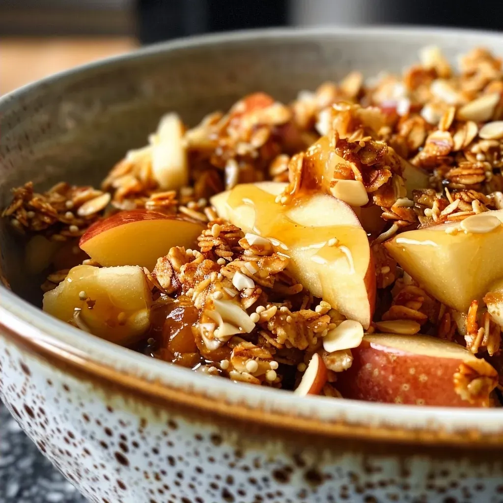 ['Close-up side view of a bowl of Toffee Apple Granola topped with creamy yogurt.', 'Vivid shot of Toffee Apple Granola with oats and apple pieces, served in a white bowl.', 'Detailed view of granola with toffee and apple flavors, presented attractively.', 'Side angle of a delicious Toffee Apple Granola dish with syrup drizzled on top.']