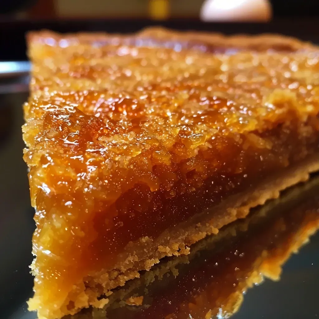 ['Close-up view of a slice of Treacle Tart on a plate, showcasing a glossy filling and crumbly crust.', 'Side view of a rich, golden Treacle Tart, highlighting its texture and layered ingredients.', 'A delectable slice of Treacle Tart, capturing its shiny top and buttery crust against a simple backdrop.', 'A detailed shot of Treacle Tart, focusing on the syrupy filling and fresh lemon zest on the surface.']