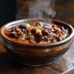 ['Close-up of a hearty bowl of beef and bean chili topped with fresh herbs.', 'Side view of a steaming bowl filled with protein-rich beef and bean chili.', 'Delicious high-protein beef and bean chili displayed in a rustic bowl.', 'Appetizing close-up of chili featuring ground beef and beans with vibrant vegetables.']