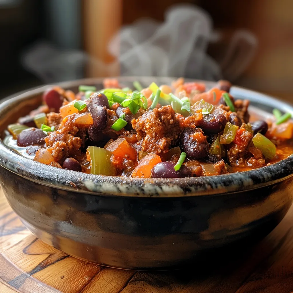 ['Close-up of a hearty bowl of beef and bean chili topped with fresh herbs.', 'Side view of a steaming bowl filled with protein-rich beef and bean chili.', 'Delicious high-protein beef and bean chili displayed in a rustic bowl.', 'Appetizing close-up of chili featuring ground beef and beans with vibrant vegetables.']