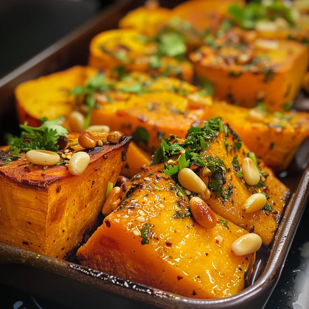 ['A vibrant close-up of roasted pumpkin slices topped with a creamy lemon yogurt sauce and sprinkled with pine nuts.', 'A side view of roasted pumpkin adorned with fresh coriander and a drizzle of yogurt sauce, showcasing its golden color.', 'Juicy roasted pumpkin pieces with a side of lemon yogurt sauce and pine nuts, highlighting textures and colors.', 'An appetizing arrangement of roasted pumpkin with creamy yogurt and nuts, emphasizing a delicious meal presentation.']