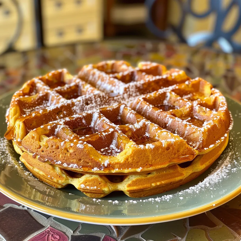 ['Close-up view of golden brown pumpkin waffles drizzled with syrup.', 'Side angle shot of fluffy pumpkin waffles with a warm, inviting appearance.', 'Delicious-looking pumpkin waffles topped with syrup, showcasing their texture.', 'Juicy pumpkin waffles stacked and garnished, highlighting their rich color.']