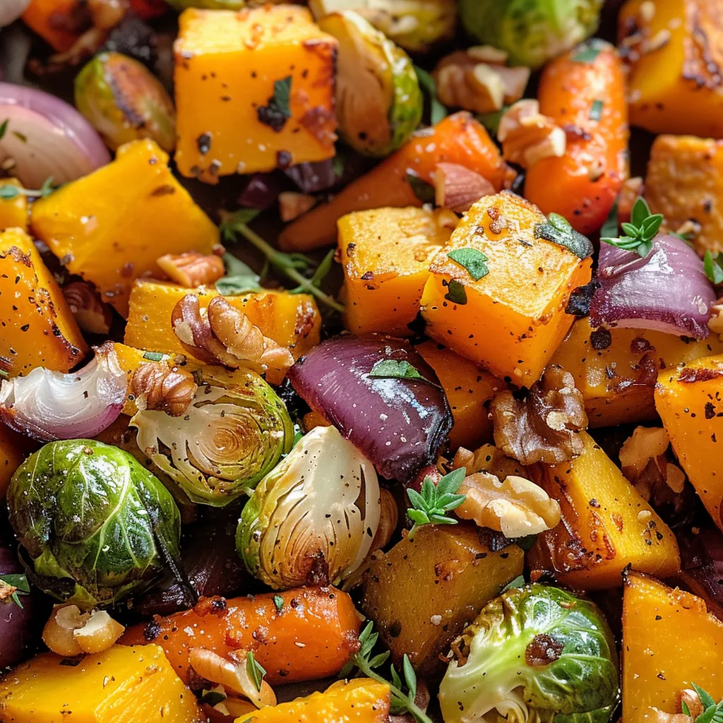 ['A close-up view of a colorful mix of roasted autumn vegetables including butternut squash, Brussels sprouts, and carrots.', 'A side view photo showcasing a vibrant array of roasted vegetables, glistening with olive oil and herbs.', 'A detailed image of diced butternut squash, Brussels sprouts, and carrots, roasted to perfection with garlic and herbs.', 'A mouth-watering selection of autumn vegetables arranged beautifully, emphasizing their rich colors and textures.']