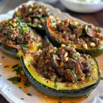 ['Juicy lamb and fig stuffed zucchini boats with fresh herbs and yogurt sauce.', 'Side view of baked zucchini boats filled with ground lamb, figs, and spices.', 'Close-up of stuffed zucchini with a rich lamb filling and drizzled yogurt.', 'Colorful zucchini boats filled with lamb, figs, and garnished with parsley.']