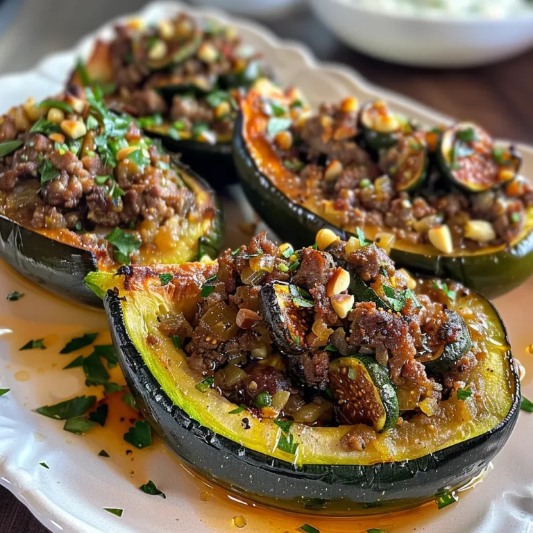 ['Juicy lamb and fig stuffed zucchini boats with fresh herbs and yogurt sauce.', 'Side view of baked zucchini boats filled with ground lamb, figs, and spices.', 'Close-up of stuffed zucchini with a rich lamb filling and drizzled yogurt.', 'Colorful zucchini boats filled with lamb, figs, and garnished with parsley.']