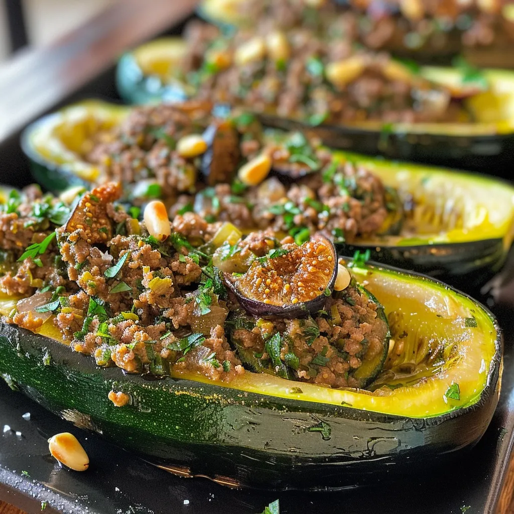 ['Juicy lamb and fig stuffed zucchini boats with fresh herbs and yogurt sauce.', 'Side view of baked zucchini boats filled with ground lamb, figs, and spices.', 'Close-up of stuffed zucchini with a rich lamb filling and drizzled yogurt.', 'Colorful zucchini boats filled with lamb, figs, and garnished with parsley.']