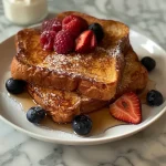 ['Close-up view of golden brown French toast topped with fresh berries and powdered sugar.', 'Side angle of a stack of high protein French toast with maple syrup and Greek yogurt on a plate.', 'Juicy Easy High Protein French Toast served with berries, yogurt, and a drizzle of syrup.', 'Deliciously layered French toast showcasing a crispy exterior and a soft interior, garnished artfully.']