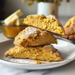 ['Close-up side view of golden-brown pumpkin scones on a rustic wooden table.', 'Delicious pumpkin scones with a glistening glaze, highlighting their fluffy texture.', 'A mouthwatering view of freshly baked pumpkin scones, showcasing their spiced surface.', 'Side angle of classic pumpkin scones garnished with coarse sugar, rich in color and texture.']