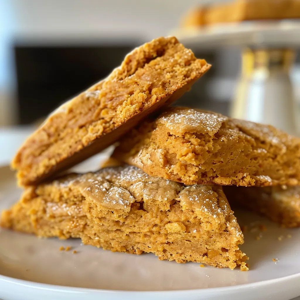 ['Close-up side view of golden-brown pumpkin scones on a rustic wooden table.', 'Delicious pumpkin scones with a glistening glaze, highlighting their fluffy texture.', 'A mouthwatering view of freshly baked pumpkin scones, showcasing their spiced surface.', 'Side angle of classic pumpkin scones garnished with coarse sugar, rich in color and texture.']