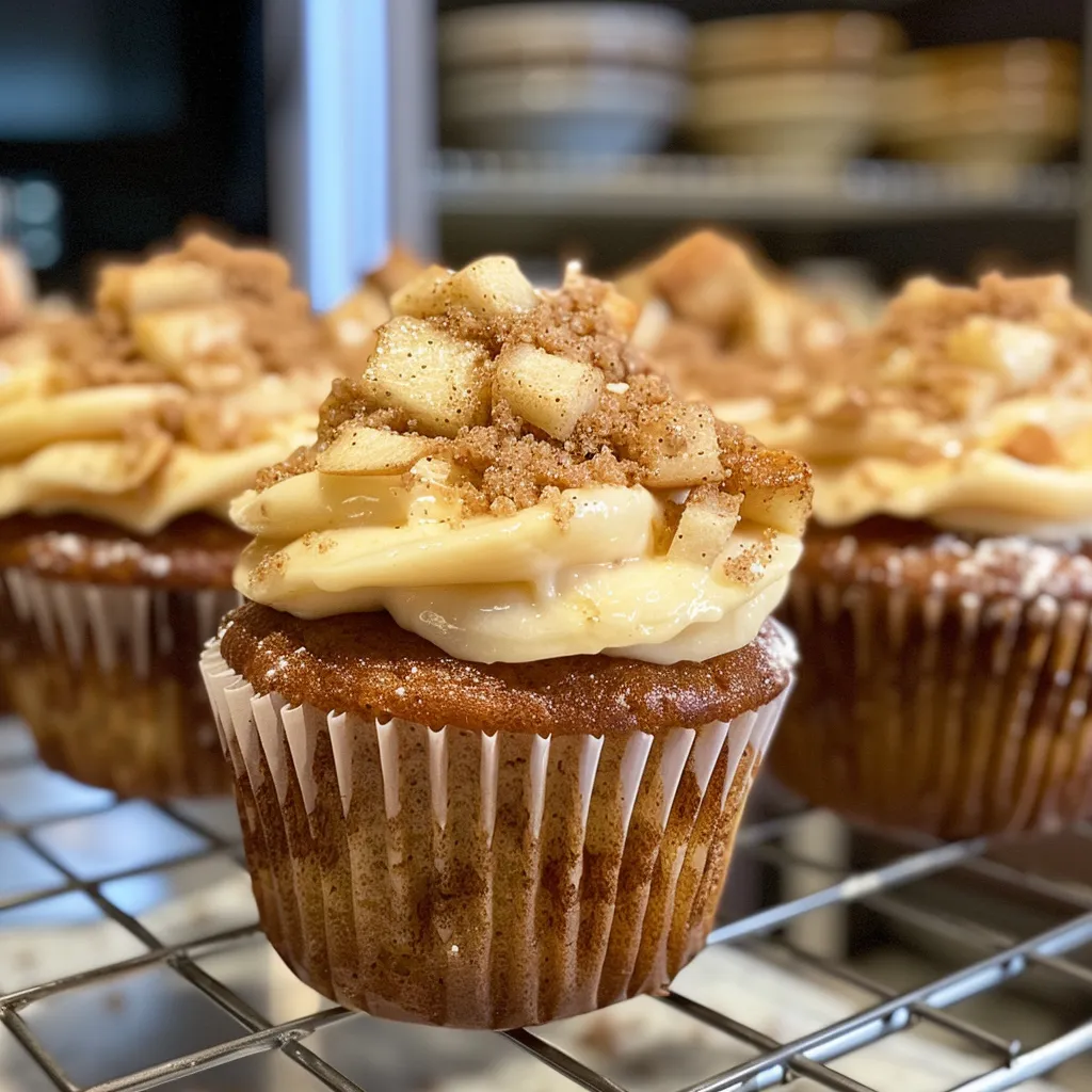 ['Close-up view of apple cinnamon cupcakes with cream cheese frosting.', 'Side profile of freshly baked apple cinnamon cupcakes on a wooden table.', 'Juicy apple cinnamon cupcakes topped with frosting displayed in a natural setting.', 'A delectable arrangement of apple cinnamon cupcakes ready to be enjoyed.']