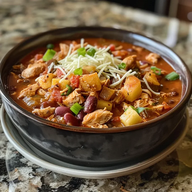['Close-up view of a bowl of Chicken Apple Chili, featuring tender chicken pieces and colorful ingredients.', 'Side view of homemade Chicken Apple Chili in a bowl, showcasing diced apples and beans.', 'Juicy Chicken Apple Chili in a white bowl, garnished with cheese and a side of herbs.', 'Delicious Chicken Apple Chili with visible chunks of chicken, apples, and beans, captured in detail.']