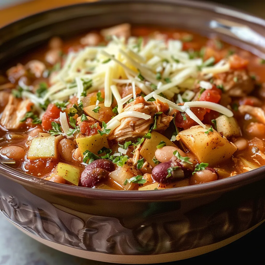 Close-up view of a bowl of Chicken Apple Chili, featuring tender chicken pieces and colorful ingredients.