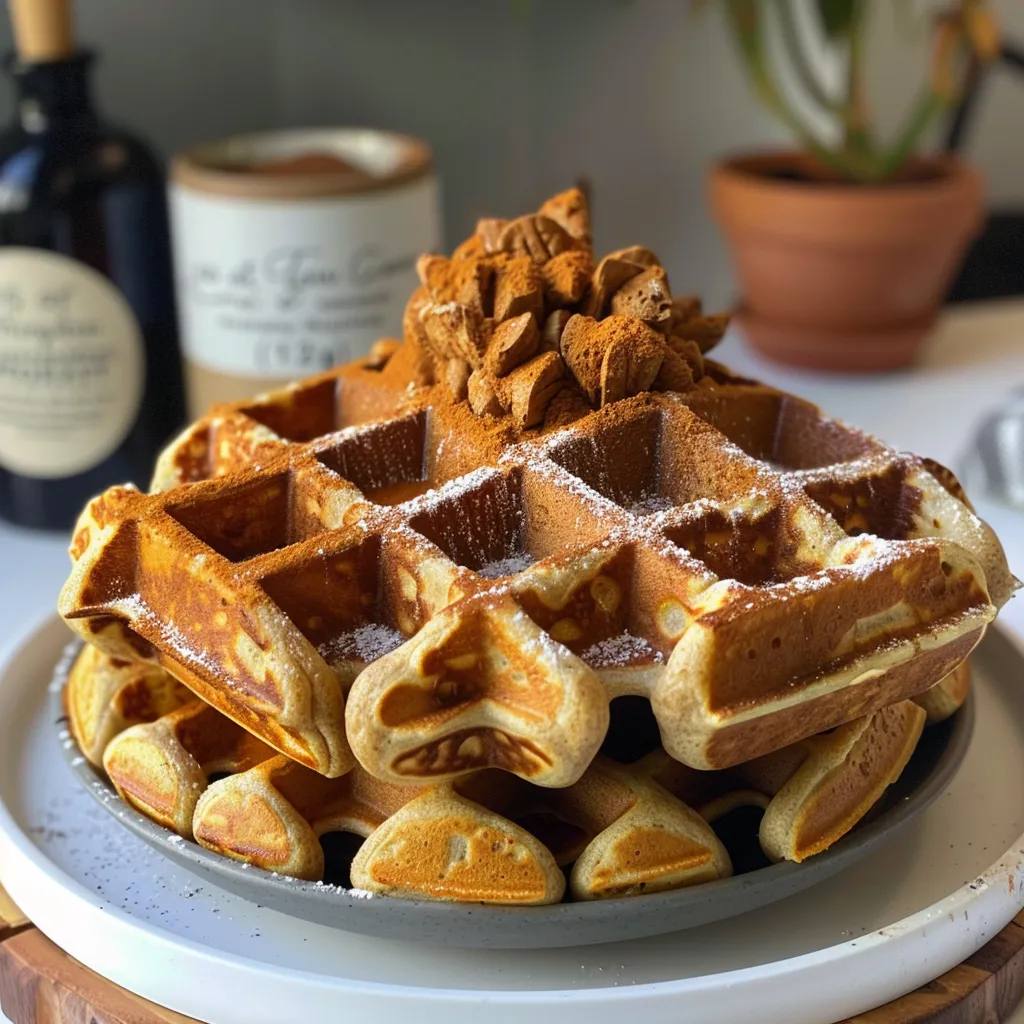 ['Close-up view of golden-brown vegan gluten-free chai spiced waffles topped with maple syrup.', 'Side view of stacked vegan gluten-free chai spiced waffles with a drizzle of syrup and a sprinkle of chai spices.', 'Delicious vegan gluten-free chai spiced waffles served on a plate, showcasing their fluffy texture.', 'Warm vegan gluten-free chai spiced waffles with a glossy maple syrup coating, highlighting their inviting appearance.']