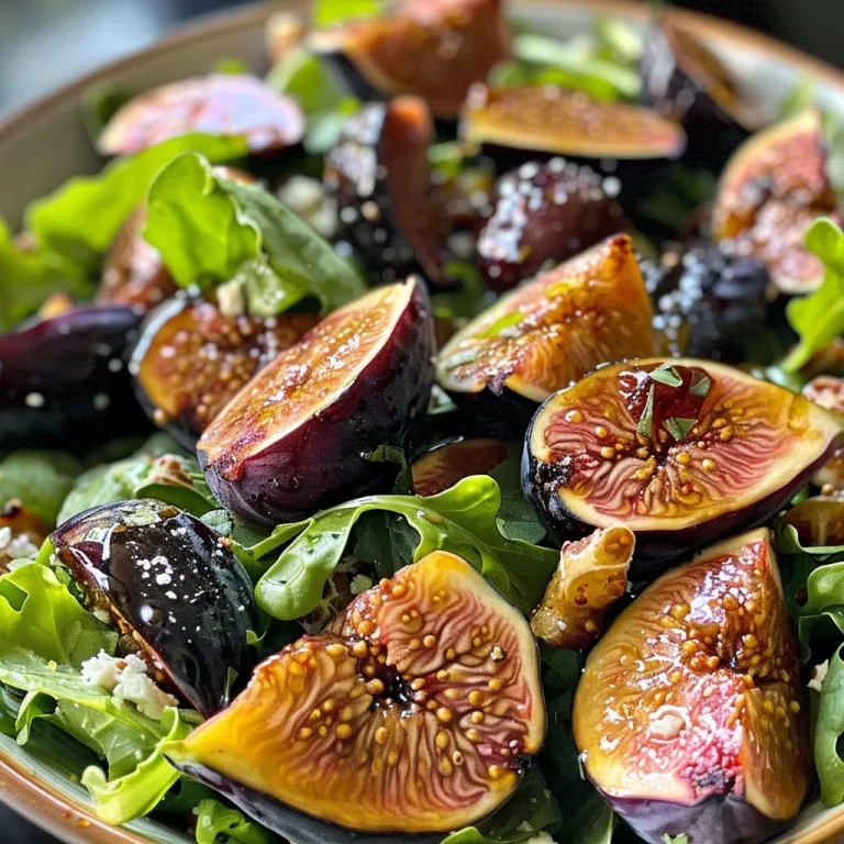 ['Close-up view of a vibrant roasted fig salad with mixed greens and cheese.', 'Side angle of a colorful salad featuring roasted figs, gorgonzola, and greens.', 'Detailed image of a fresh roasted fig salad arranged with honey drizzle and balsamic.', 'Captivating close-up of a roasted fig salad showcasing figs, greens, and dressing.']