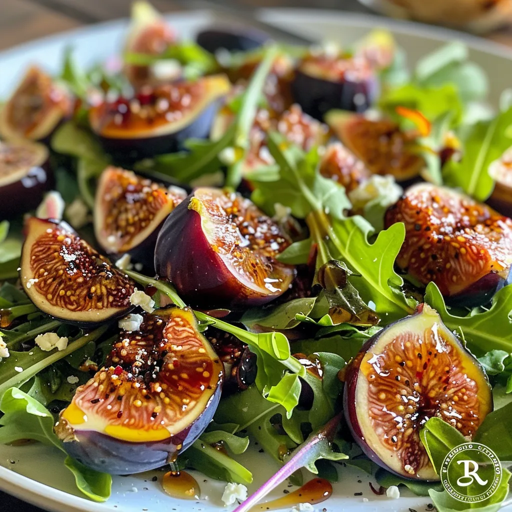 ['Close-up view of a vibrant roasted fig salad with mixed greens and cheese.', 'Side angle of a colorful salad featuring roasted figs, gorgonzola, and greens.', 'Detailed image of a fresh roasted fig salad arranged with honey drizzle and balsamic.', 'Captivating close-up of a roasted fig salad showcasing figs, greens, and dressing.']
