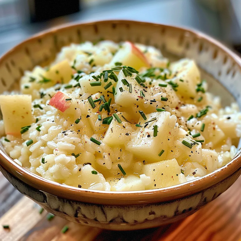 ['A close-up view of creamy Apple Risotto with grated apples and herbs.', 'Side view of a bowl filled with steaming Apple Risotto topped with grated cheese.', 'Delicious Apple Risotto presented in a bowl with visible apple pieces and garnished with rosemary.', 'Silky Apple Risotto in a dish, showcasing the rich texture and fresh ingredients.']