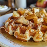 ['Close-up of golden brown apple cinnamon waffles topped with diced apples and syrup.', 'Side view of fluffy gluten-free apple cinnamon waffles with a dollop of Greek yogurt.', 'Delicious-looking waffles with a sprinkle of cinnamon and chunks of apple on a plate.', 'Juicy apple cinnamon waffles drizzled with honey, served with a side of Greek yogurt.']