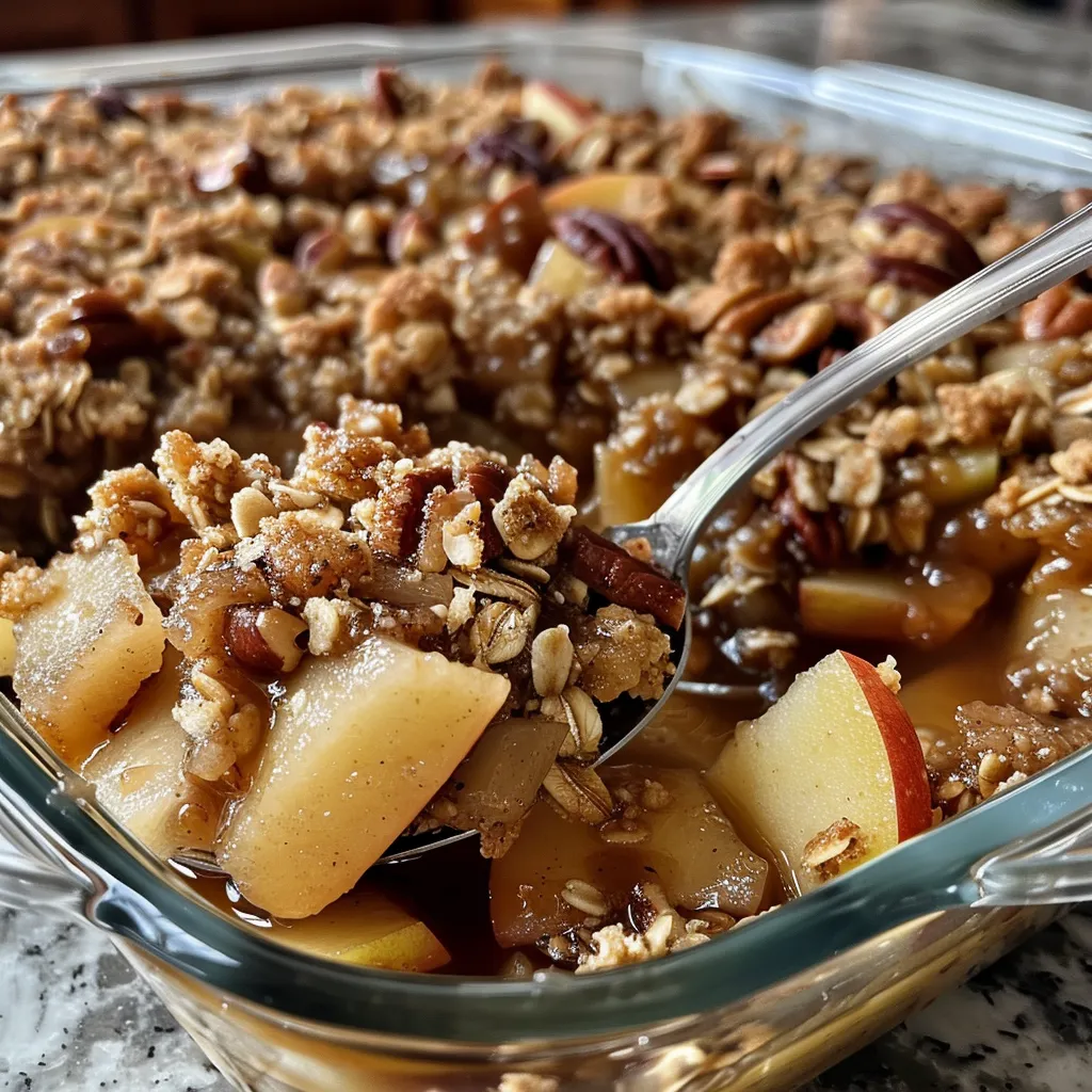 Close-up view of gluten-free apple crisp with a golden-brown topping.