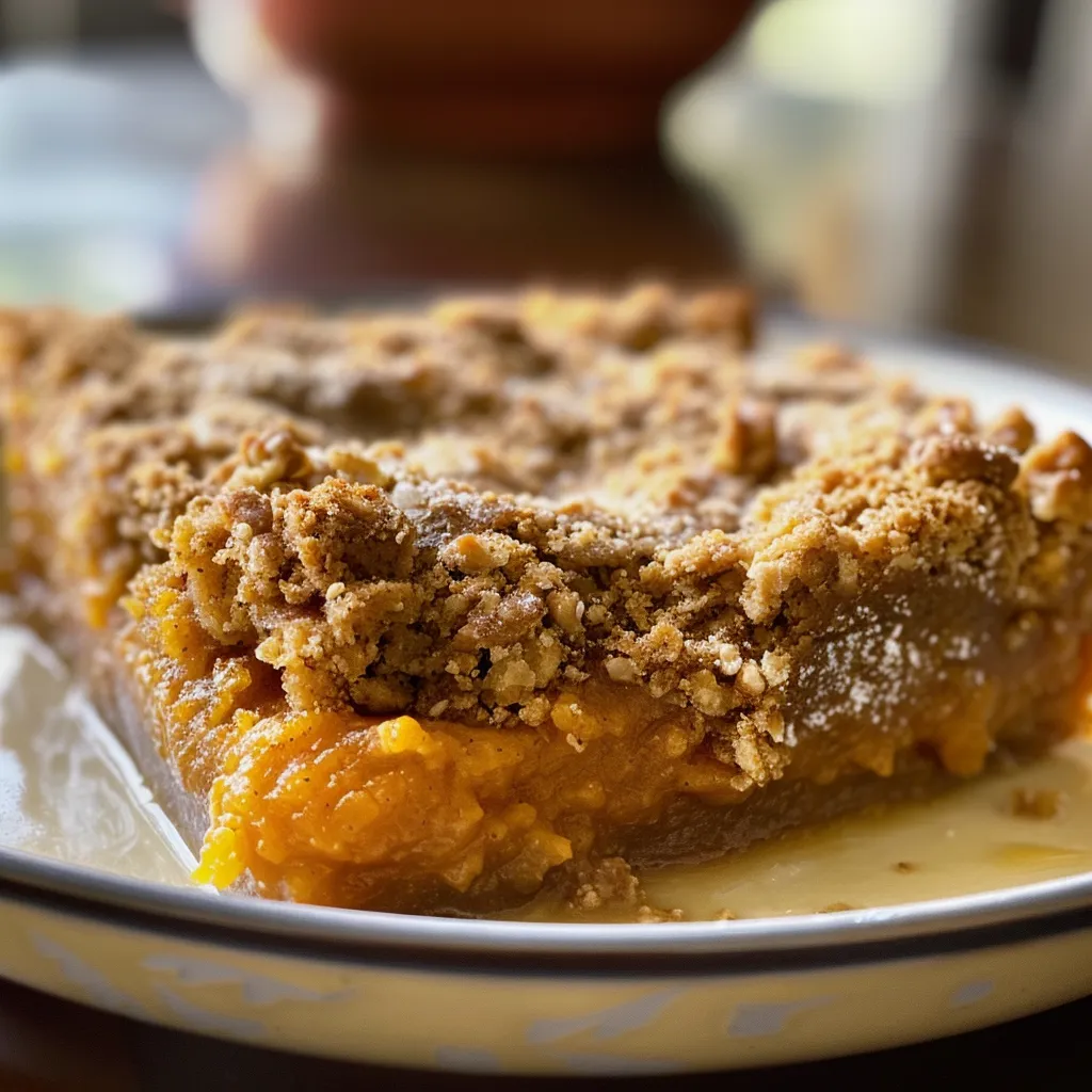['Close-up view of a delicious pumpkin cobbler topped with pecans and a golden crust.', 'Side view of a warm pumpkin cobbler, featuring rich pumpkin filling and a sprinkle of cinnamon.', 'Juicy pumpkin cobbler served in a dish, showcasing a gooey texture and nutty topping.', 'Appetizing slice of pumpkin cobbler with a crispy top, highlighting its homemade appeal.']