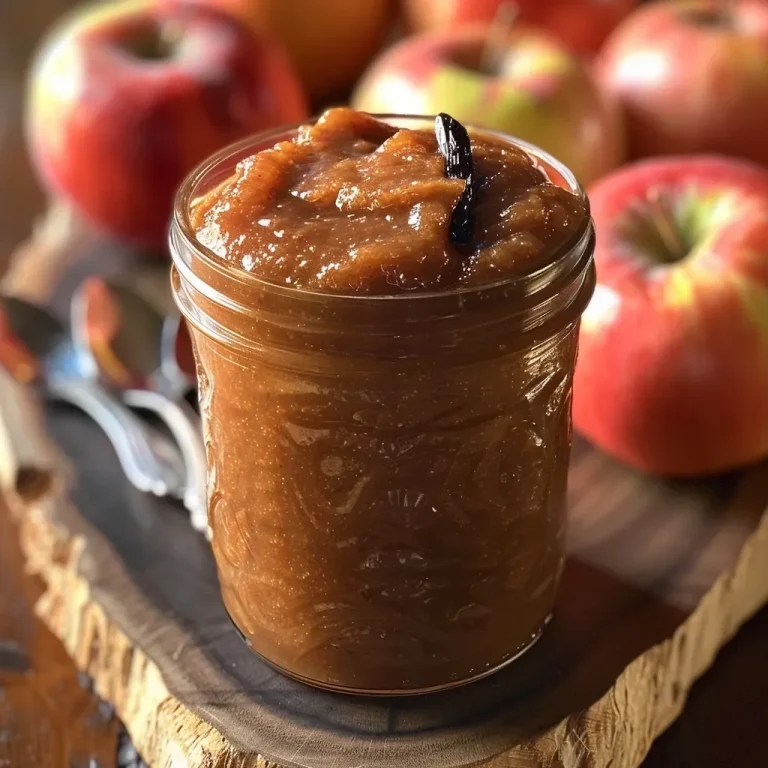 ['Close-up view of a jar filled with smooth, rich vegan apple butter.', 'Side view of homemade vegan apple butter in a glass jar with a wooden spoon.', 'Rich, glossy vegan apple butter displayed in a small bowl, with apples in the background.', 'A portion of vegan apple butter spread on a slice of bread, showcased in natural light.']