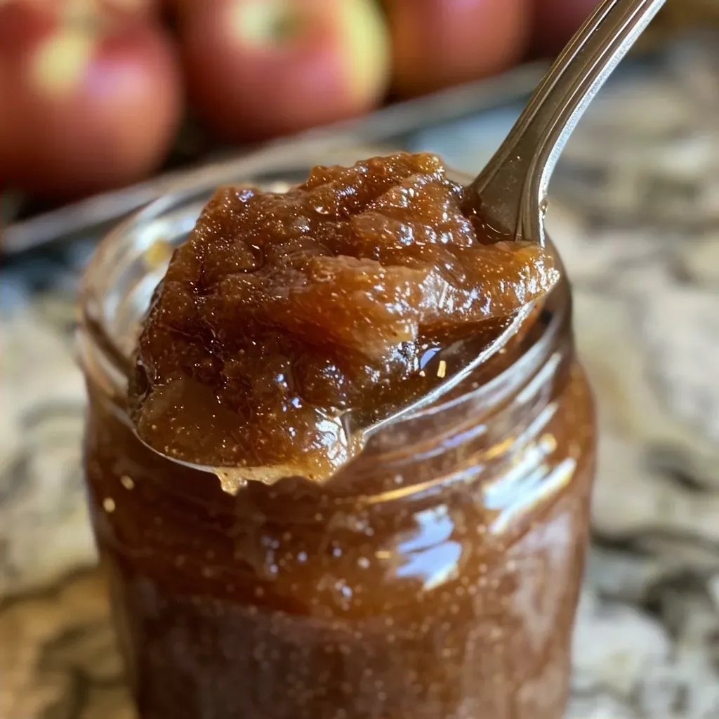 ['Close-up view of a jar filled with smooth, rich vegan apple butter.', 'Side view of homemade vegan apple butter in a glass jar with a wooden spoon.', 'Rich, glossy vegan apple butter displayed in a small bowl, with apples in the background.', 'A portion of vegan apple butter spread on a slice of bread, showcased in natural light.']