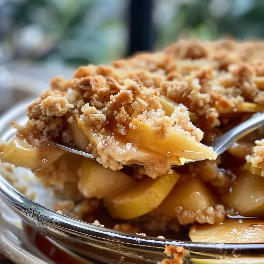 Close-up view of a vegan apple crumble with a golden-brown topping, apple slices visible.
