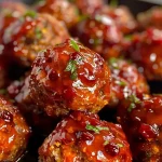 ['Close-up view of juicy vegan meatballs in cranberry chili sauce.', 'Side view of colorful vegan meatballs topped with cranberry glaze.', 'Appetizing vegan meatballs in a vibrant cranberry chili sauce.', 'Delicious-looking vegan meatballs drizzled with sweet and spicy sauce.']