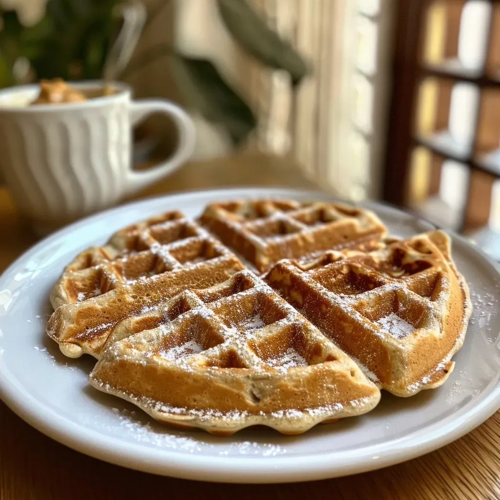 ['Close-up side view of golden vegan gluten-free waffles stacked on a plate.', 'Juicy vegan gluten-free waffles topped with syrup and almond butter, viewed from the side.', 'Delicious vegan gluten-free waffles with a crispy exterior, taken from a side angle.', 'Captivating image of fluffy vegan gluten-free waffles drizzled with syrup, side profile.']