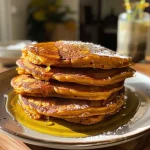 ['Close-up view of two golden-brown vegan pumpkin pancakes stacked on a white plate.', 'Side perspective of fluffy vegan pumpkin pancakes drizzled with syrup, showing texture and color.', 'A delicious serving of warm vegan pumpkin pancakes garnished with a sprinkle of pumpkin spice.', 'Appetizing stack of vegan pumpkin pancakes, showcasing the rich orange color from the pumpkin puree.']