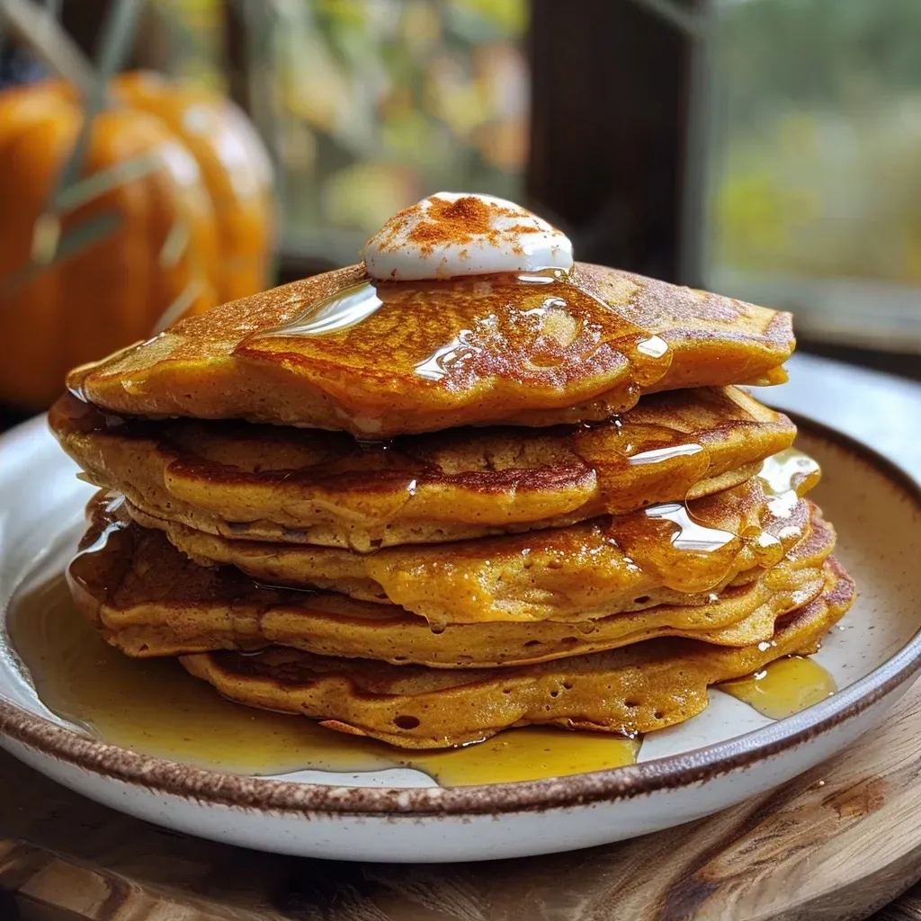 ['Close-up view of two golden-brown vegan pumpkin pancakes stacked on a white plate.', 'Side perspective of fluffy vegan pumpkin pancakes drizzled with syrup, showing texture and color.', 'A delicious serving of warm vegan pumpkin pancakes garnished with a sprinkle of pumpkin spice.', 'Appetizing stack of vegan pumpkin pancakes, showcasing the rich orange color from the pumpkin puree.']